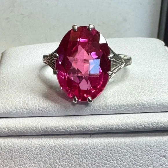 Art Deco 8 Carat Pink Sapphire Sterling Checkerboard Cut Ring - Picture 4 of 13